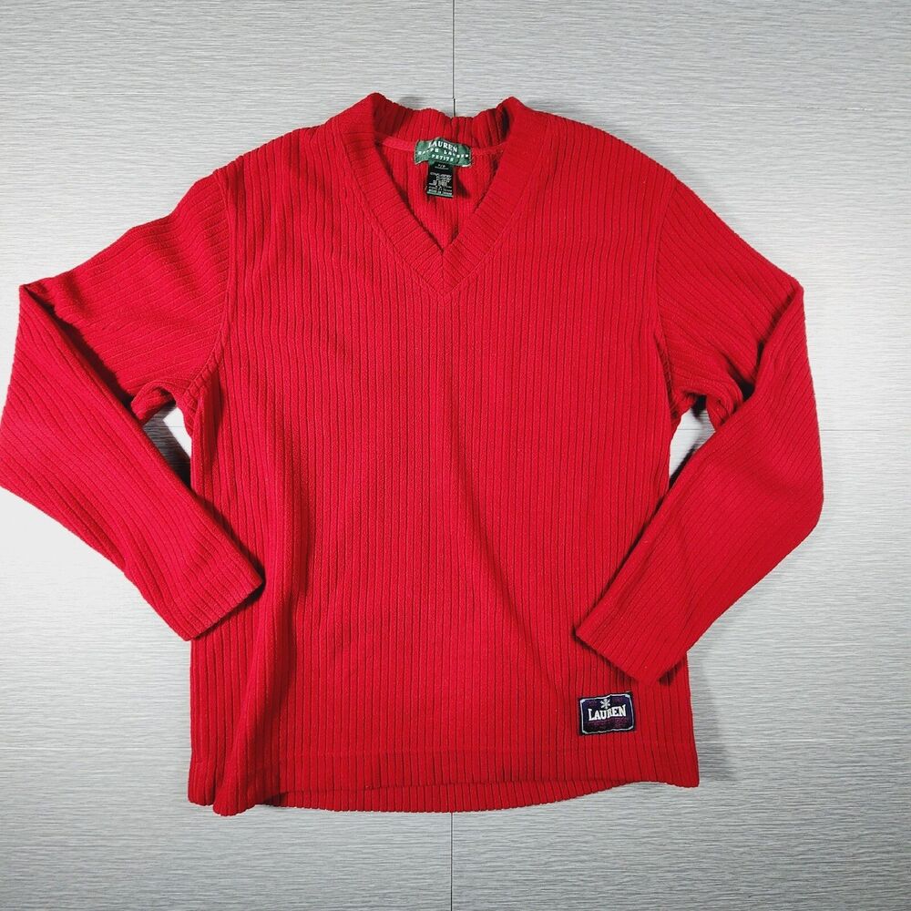Lauren Ralph Lauren Ribbed V-Neck Sweater Red Womens Size P/P